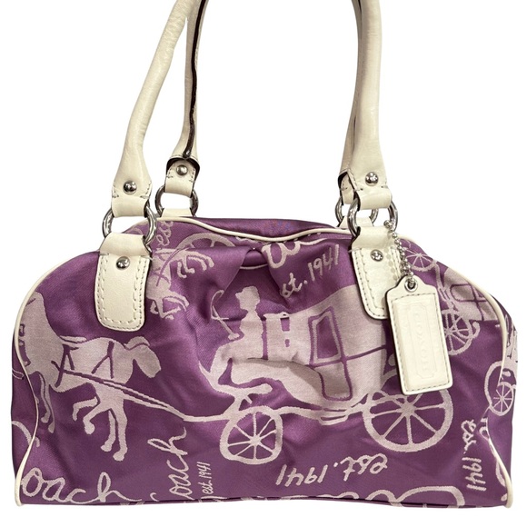 Coach Horse & Carriage F14481 Jacquard Satchel Handbag Purse Purple and Cream - Picture 1 of 14
